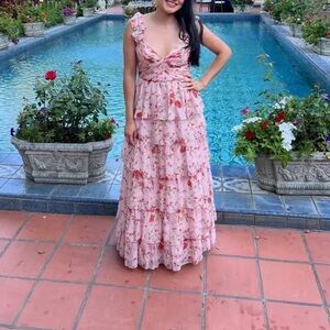 $458 MAC DUGGAL Ruffle Strap Pink Floral Chiffon Gown/Dress (size 4)